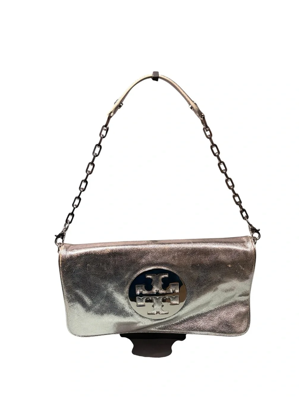 Tory Burch Reva Metallic Silver Crackled Leather Chain Clutch Shoulder Bag